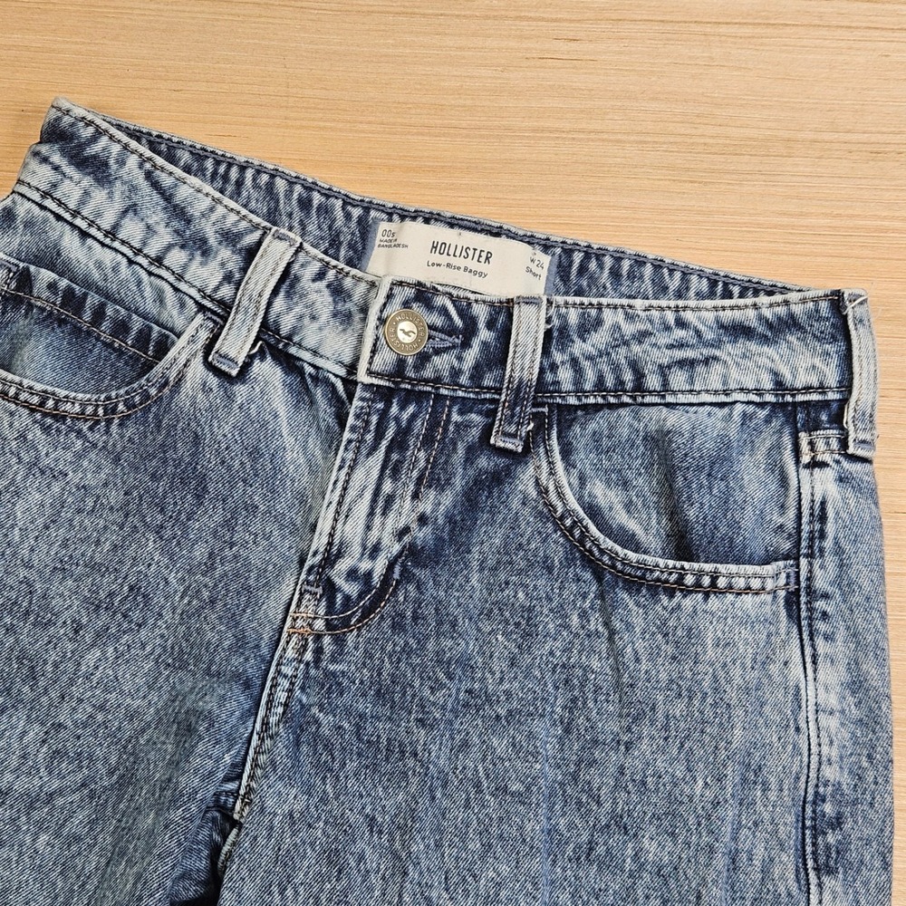 Hollister Low-Rise Baggy Jeans Women 00S 28x27 Blue Acid Wash Raw Hem Denim